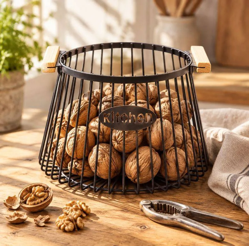 سبد میوه‌خوری فلزی مدل Kitchen با طراحی مدرن، دسته چوبی، قابلیت حمل آسان، مناسب نگهداری میوه و سبزیجات، شست‌وشو با دست و تک‌طبقه