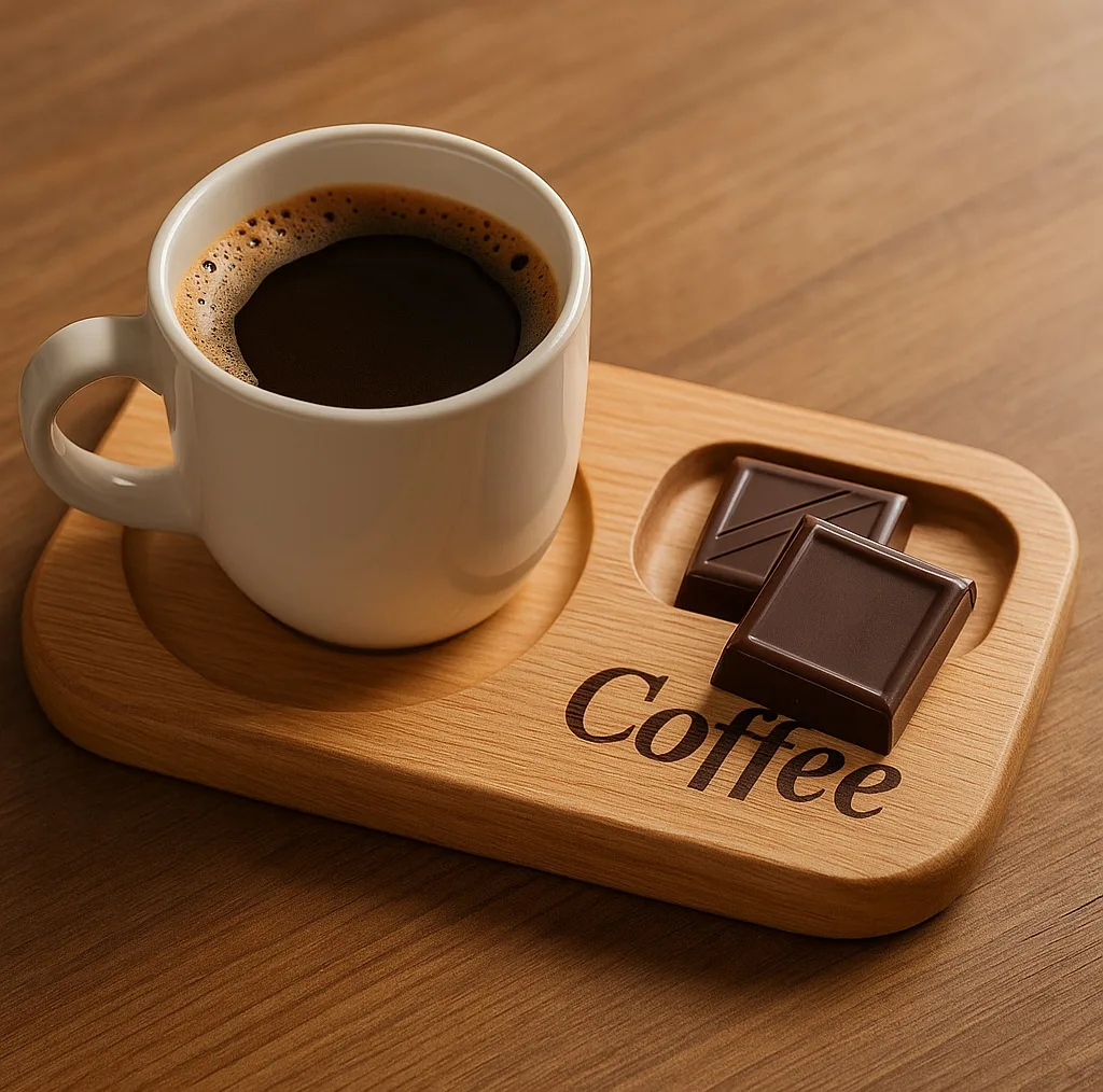 تخته سرو چوبی مستطیلی مدل coffee، بسته 4 عددی، ابعاد 16×10×3 سانتیمتر، وزن 50 گرم، قابل شستوشو با دست