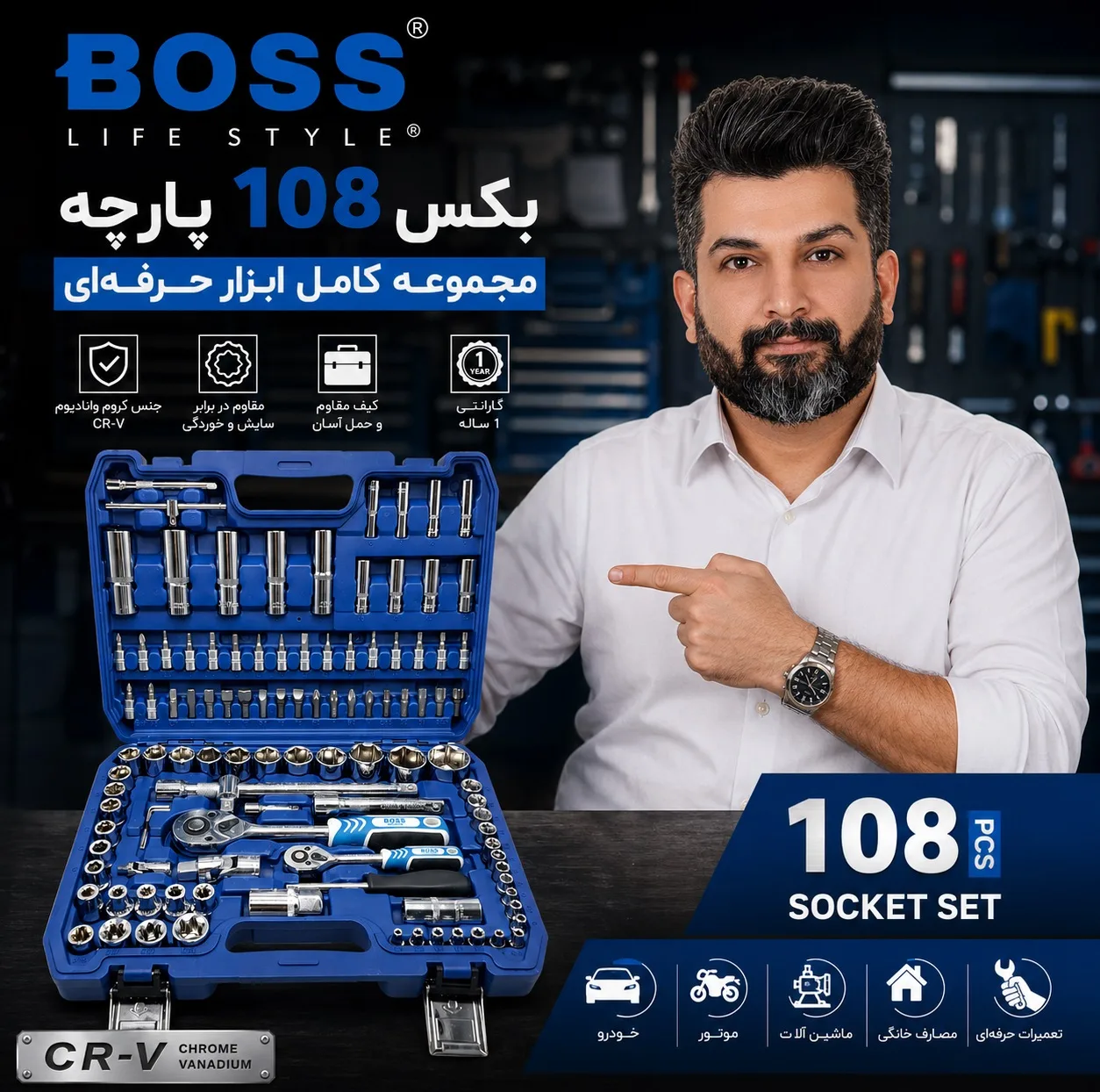 آچار بکس باس مدل BS-108PCS مجموعه 108 عددی
