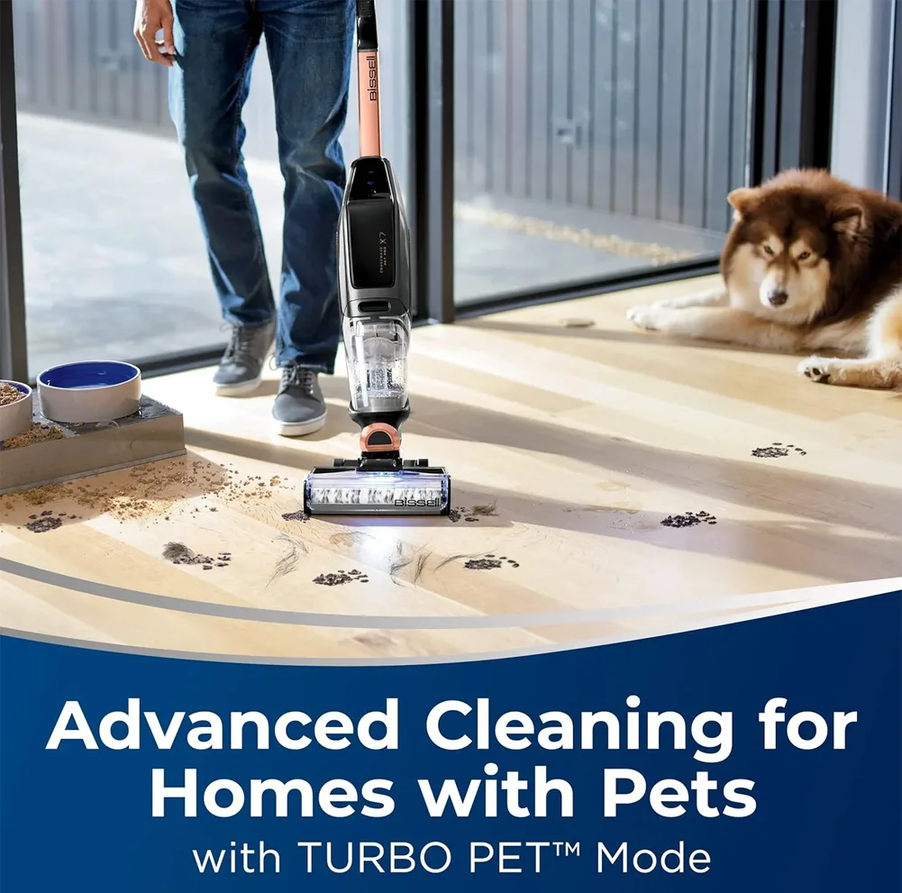 جارو شارژی عصایی بیسل مدل CrossWave X7 Cordless Pro 2955Z با باتری لیتیوم یونی 2600 میلیآمپرساعت، دو مخزن جداگانه آب و زباله، فیلتر HEPA، قابلیت شستوشوی خودکار برس و حالت توربو مخصوص حیوانات خانگی