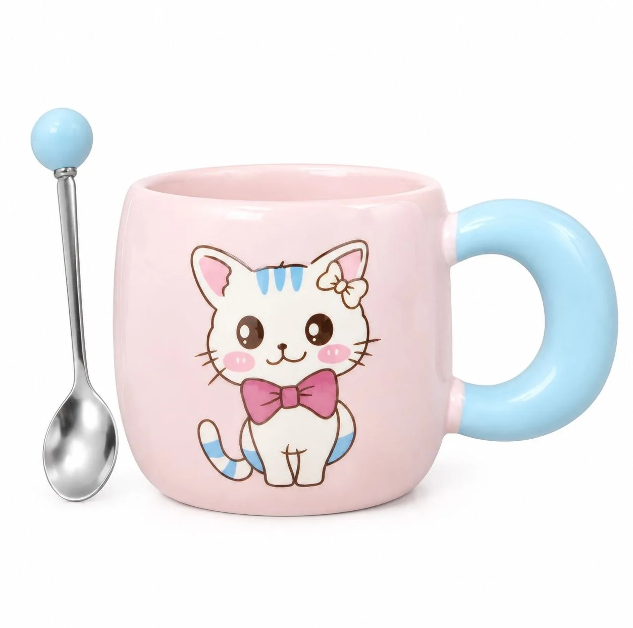 ماگ سرامیکی طرح گربه به همراه قاشق