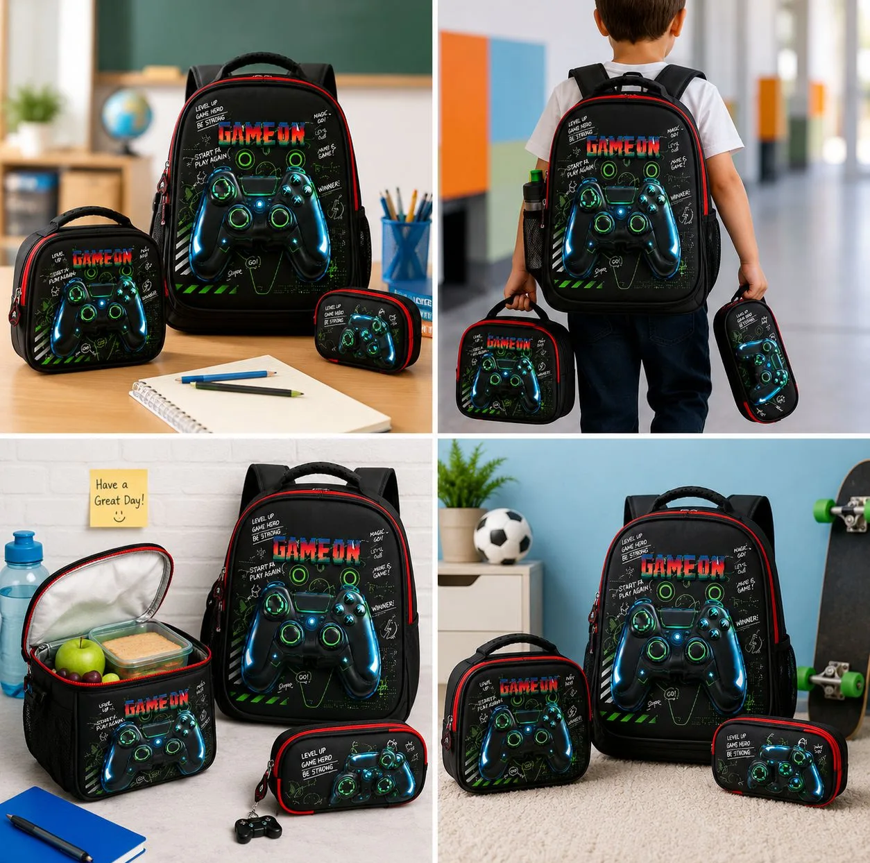 کوله پشتی مدل GAME ON به همراه کیف غذا و جامدادی
