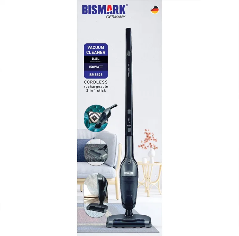 جارو شارژی عصایی بیسمارک مدل BM5525 با موتور 150 وات، باتری لیتیومی 22.2 ولت و ظرفیت مخزن 0.8 لیتر، قابلیت تبدیل به جارو دستی، فیلتر HEPA قابل شستشو و زمان کارکرد 45 دقیقه