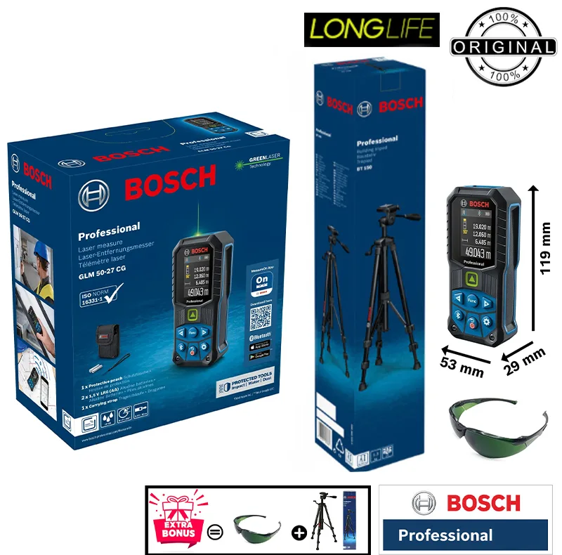 متر لیزری بوش مدل نور سبز GLM 50-27 CG Professional به همراه سه پایه و عینک لیزر برد 50 متر