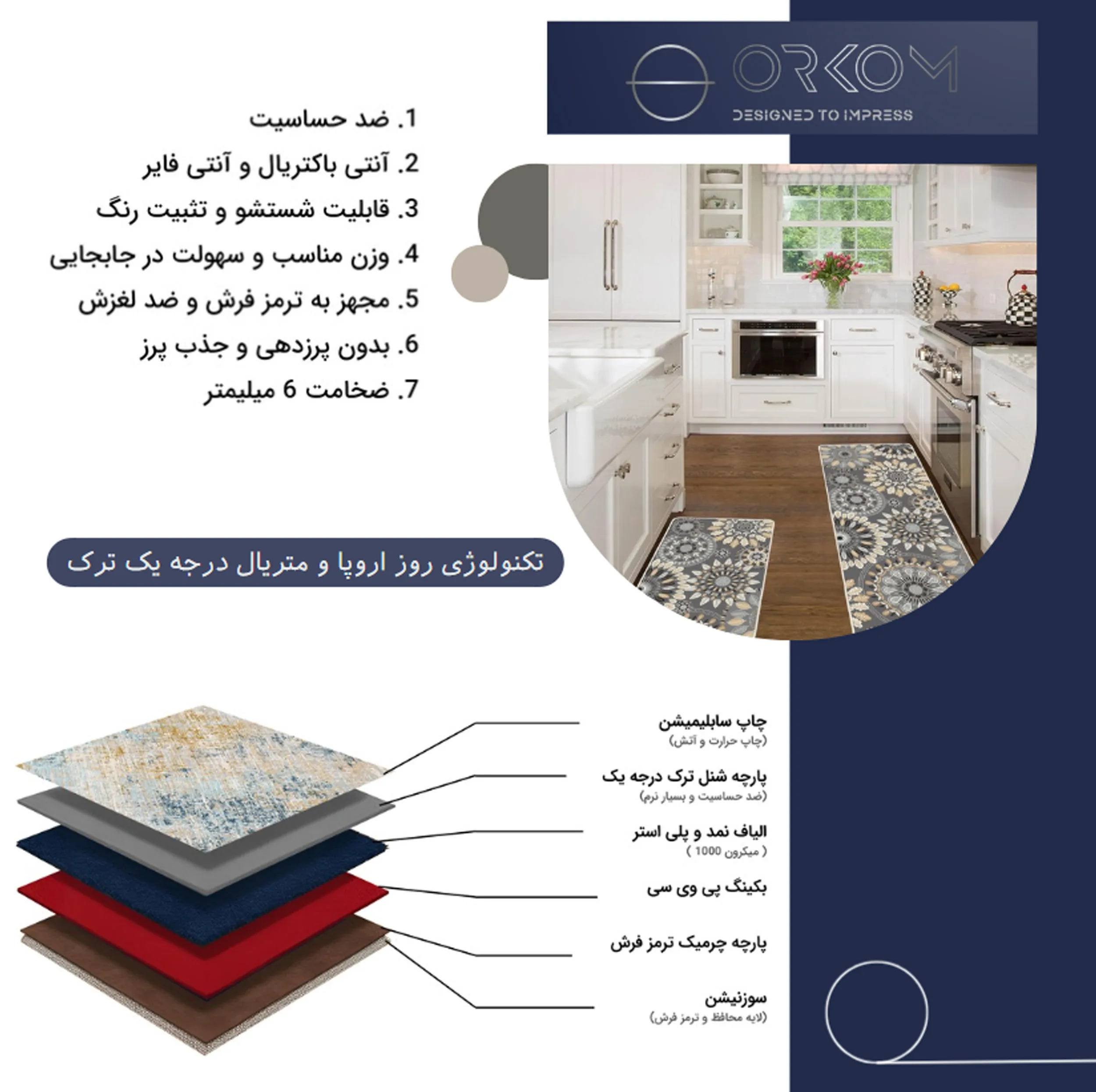 فرش ماشینی 200 شانه زمینه طوسی حاشیه قهوه ای مدل چاپی طرح آشپزخانه اورکوم کد kitchen.5007.01 بسته دو عددی