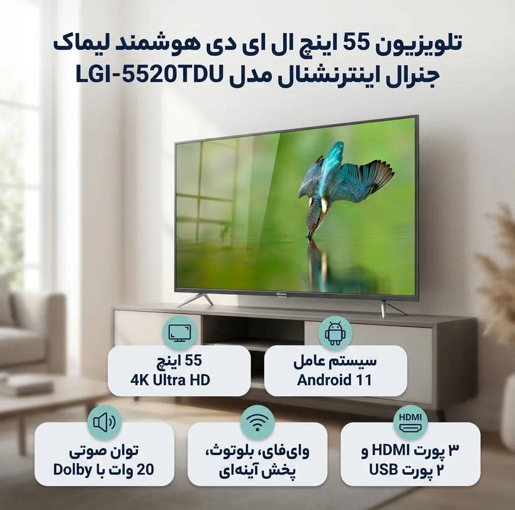 تلویزیون 55 اینچ ال ای دی هوشمند لیماک جنرال اینترنشنال مدل LGI-5520TDU