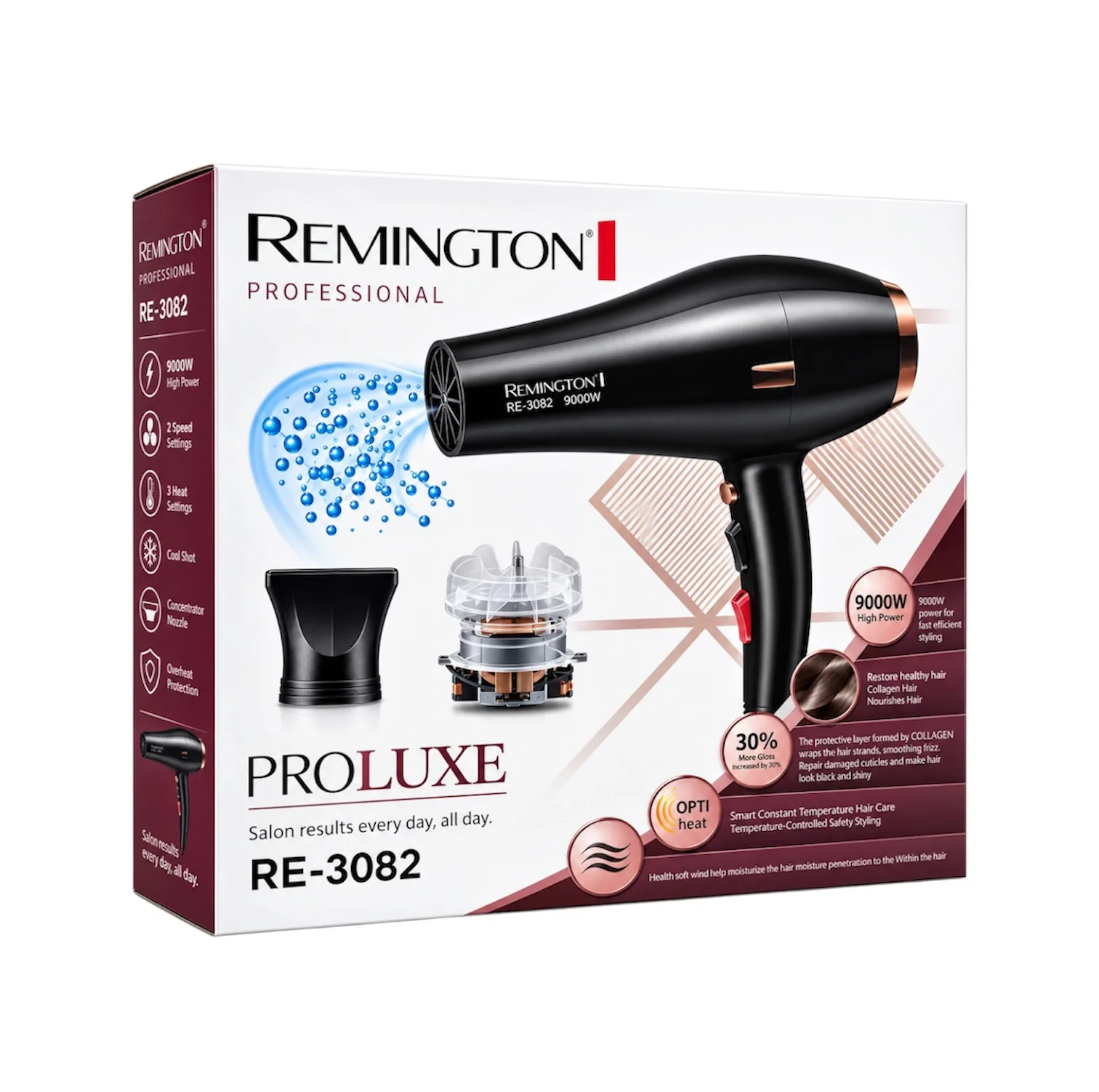 سشوار حرفه‌ای رمینگتون مدل RE-3082 با موتور AC، توان 9000 وات، تنظیم دما در دو حالت، تنظیم سرعت در دو حالت، سری کاهش وز مو و به‌همراه متمرکزکننده باریک