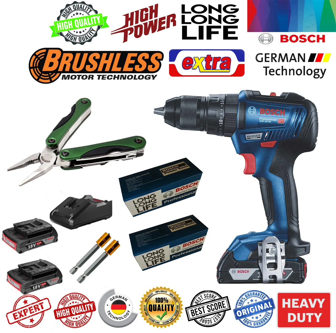 پیچ گوشتی شارژی چکشی بوش مدل هوشمند بدون ذغال کد 18V-50