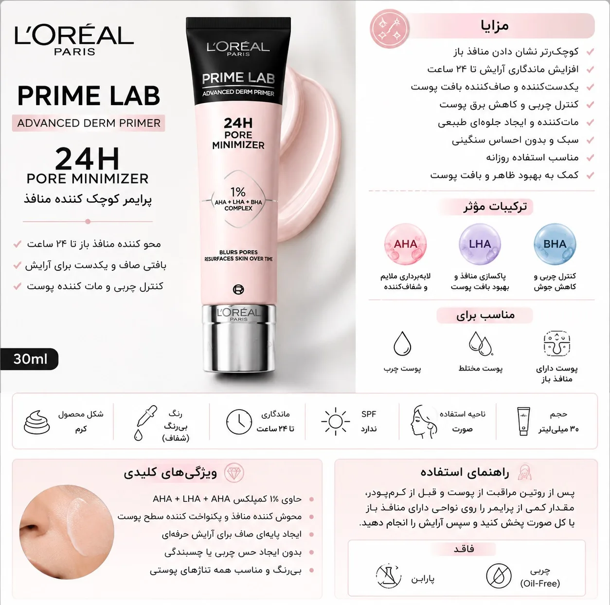 پرایمر صورت لورآل مدل Minimizer Primer مناسب انواع پوست حجم 30 میلیلیتر