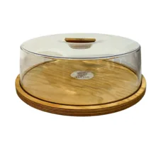 ظرف کیک چوبی تن تن مدل Raika با سینی قطر 32cm و درب طلقی شفاف با دسته چوبی، قابل شست‌وشو با دست