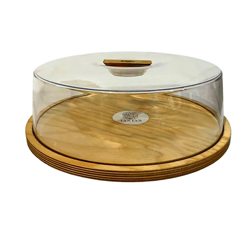 ظرف کیک چوبی تن تن مدل Raika با سینی قطر 32cm و درب طلقی شفاف با دسته چوبی، قابل شست‌وشو با دست