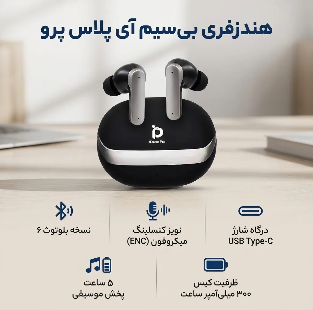 هندزفری بلوتوثی توگوشی دو گوشی آی پلاس پرو مدل iP-R52 با نویز کنسلینگ میکروفون ENC، بلوتوث 6، درگاه شارژ USB Type-C و نشانگر LED
