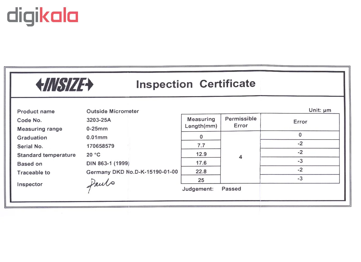 میکرومتر بیرون سنج اینسایز مدل 25A-3203
