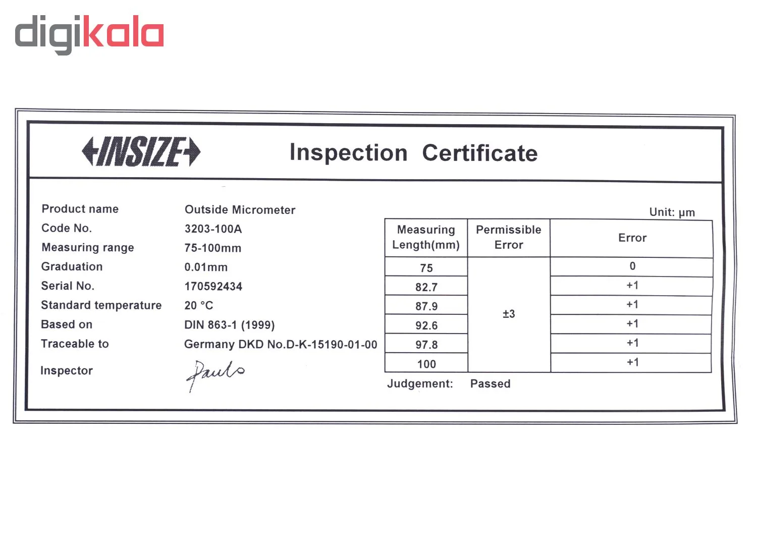 میکرومتر بیرون سنج اینسایز مدل 100A-3203