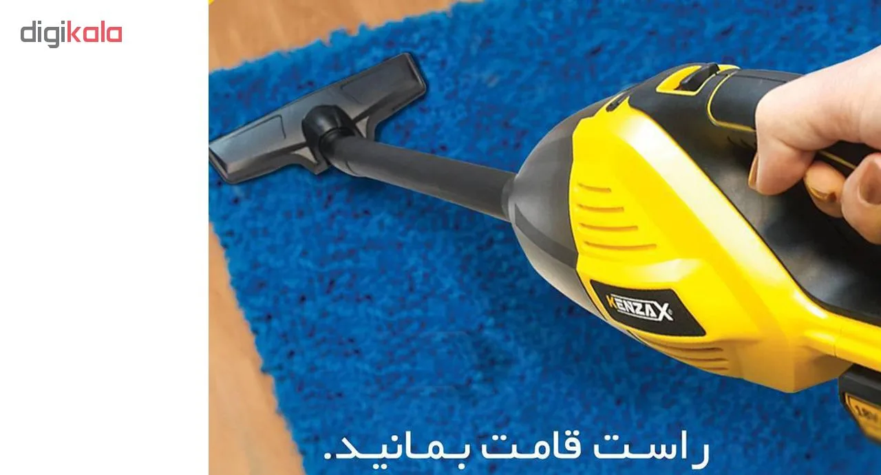 جارو شارژی دستی کنزاکس مدل KVC-118 با باتری لیتیوم 18 ولت، توان مکش 1500 وات، فیلتر نانو قابل شستشو، سیستم تخلیه آسان مخزن، بدنه ضد خش ABS و پایه شارژ سریع