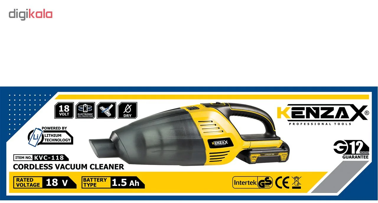 جارو شارژی دستی کنزاکس مدل KVC-118 با باتری لیتیوم 18 ولت، توان مکش 1500 وات، فیلتر نانو قابل شستشو، سیستم تخلیه آسان مخزن، بدنه ضد خش ABS و پایه شارژ سریع