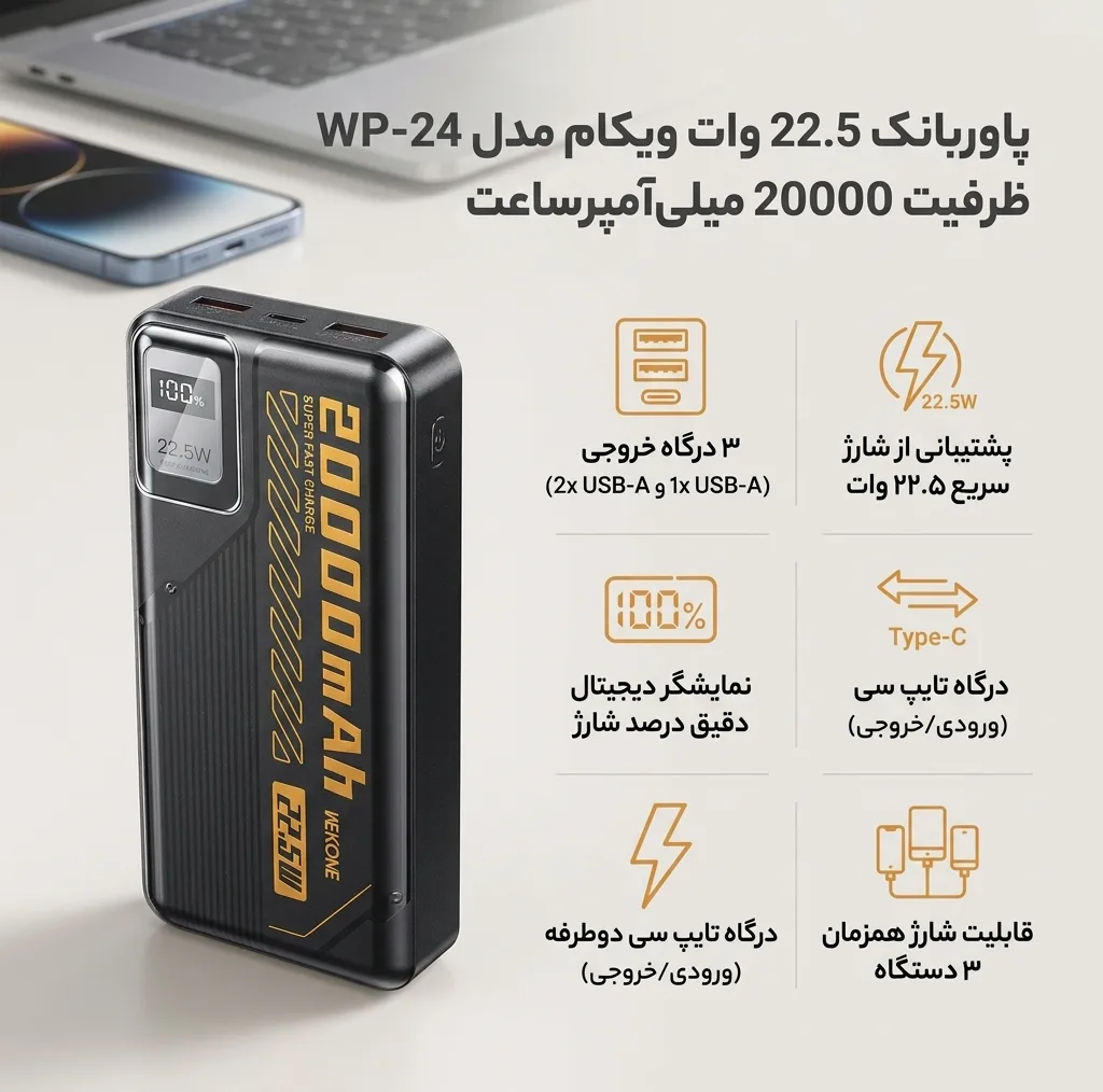 پاوربانک 22.5 وات ویکام مدل WP-24 ظرفیت 20000 میلیآمپرساعت