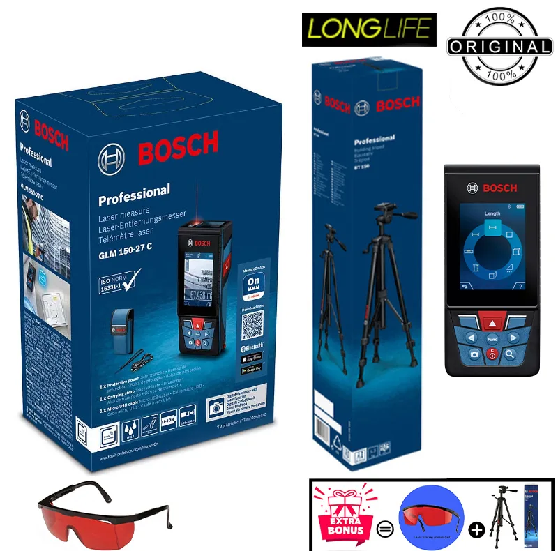 متر لیزری بوش مدل دوربین دار GLM 150-27C Professional + BT150 + Red Glass Laser برد 150 متر به همراه پایه