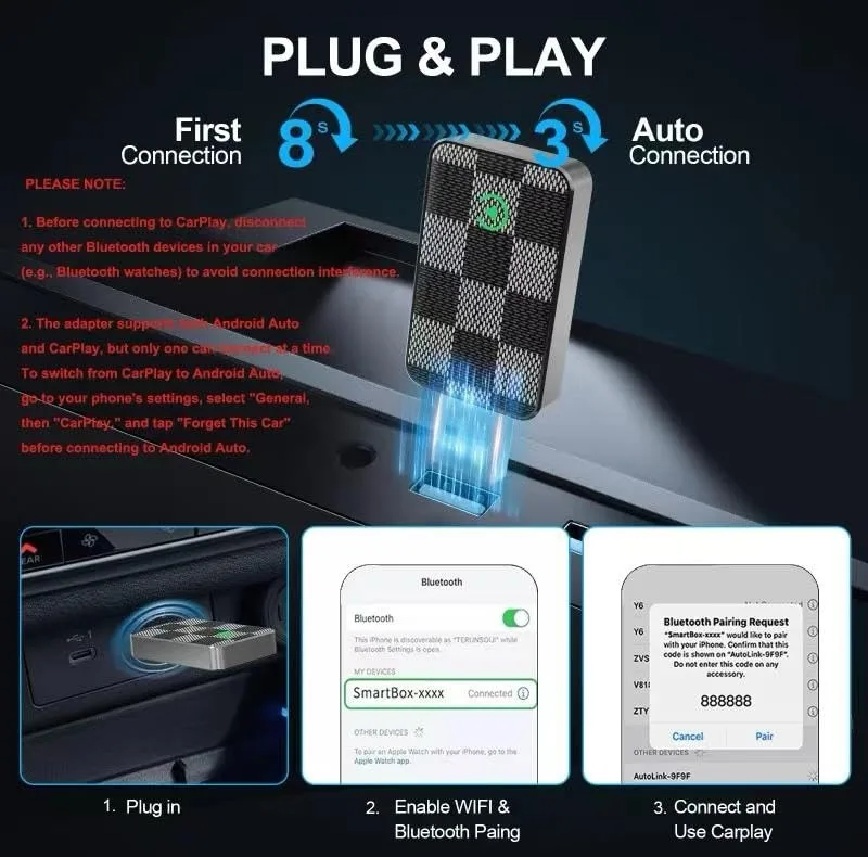 کارپلی و اندروید اتو مدل Wireless CarPlay/Android Auto به همراه مبدل USB به USB-C و کابل افزایش طول USB