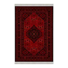 فرش ماشینی 1000 شانه هانوکس زمینه قرمز لاکی حاشیه چند رنگ مدل HAL.002.1