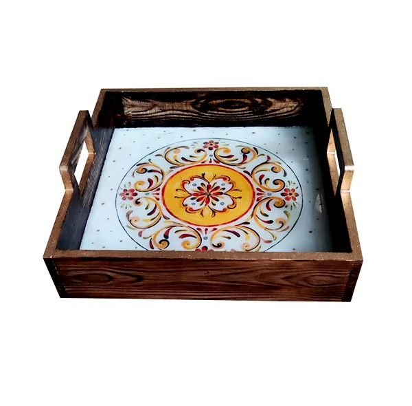 سینی دسته دار مدل چوبی رزین کد 2210 سایز 25*25 سانتی متر