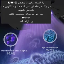 جارو شارژی دستی بی‌سیم مدل YD-828 با ظرفیت مخزن 150 میلی‌لیتر، باتری 1500 میلی‌آمپر ساعت، دو سرعت قابل تنظیم، نور آبی ضدحشره، صفحه نمایش نشانگر و فیلتر قابل شست‌وشو