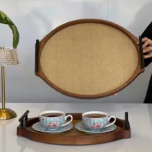 سینی دسته دار مدل حصیری کد TP069 سایز 43×34  سانتی متر مجموعه دو عددی