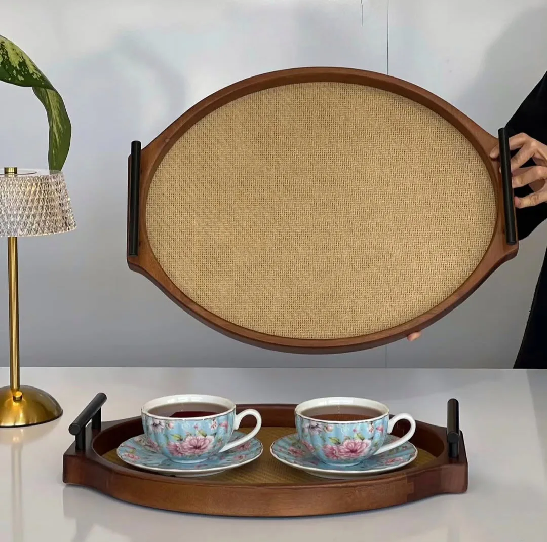 سینی دسته دار مدل حصیری کد TP069 سایز 43×34 سانتی متر مجموعه دو عددی