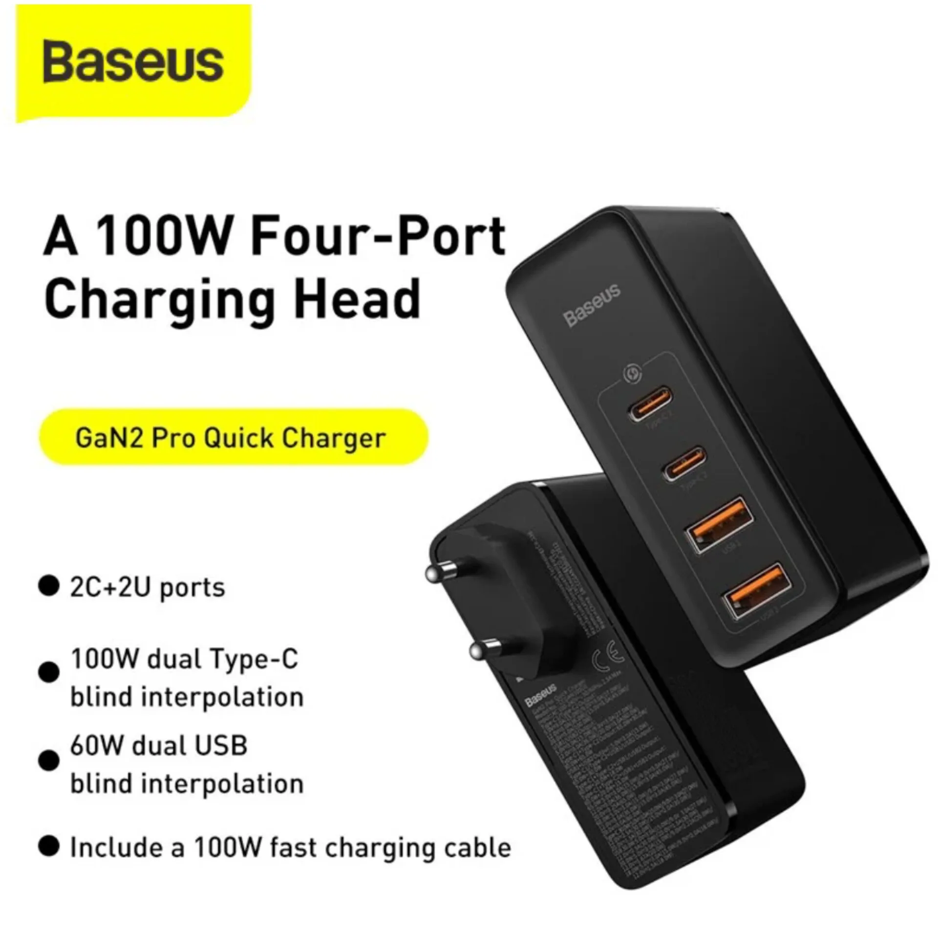 شارژر دیواری 100 وات 4 پورت بیسوس مدل GaN2 Pro به همراه کابل USB-C