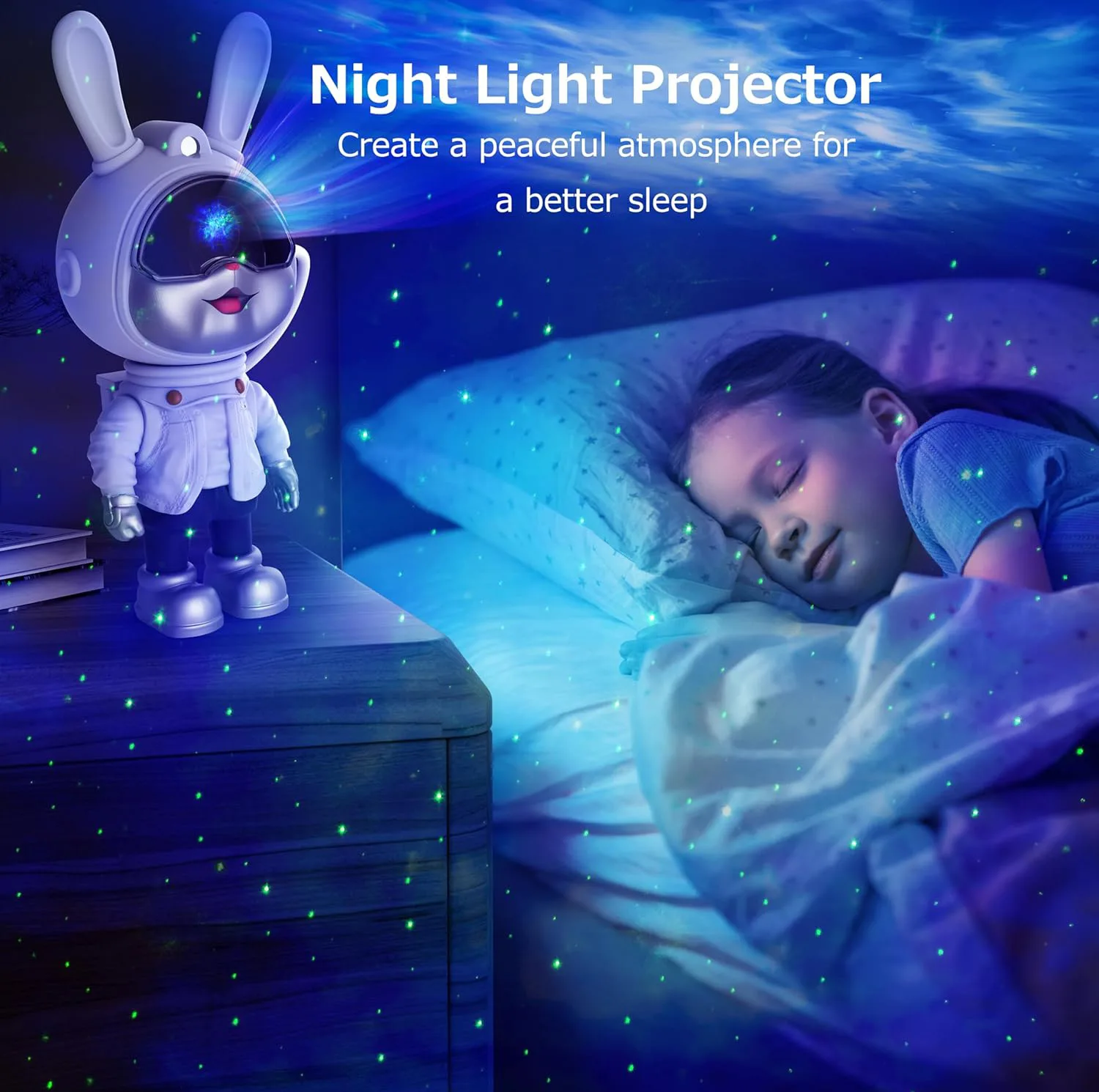 چراغ خواب رومیزی مدل galaxy nightlight projector خرگوش فضانورد با نور کهکشانی