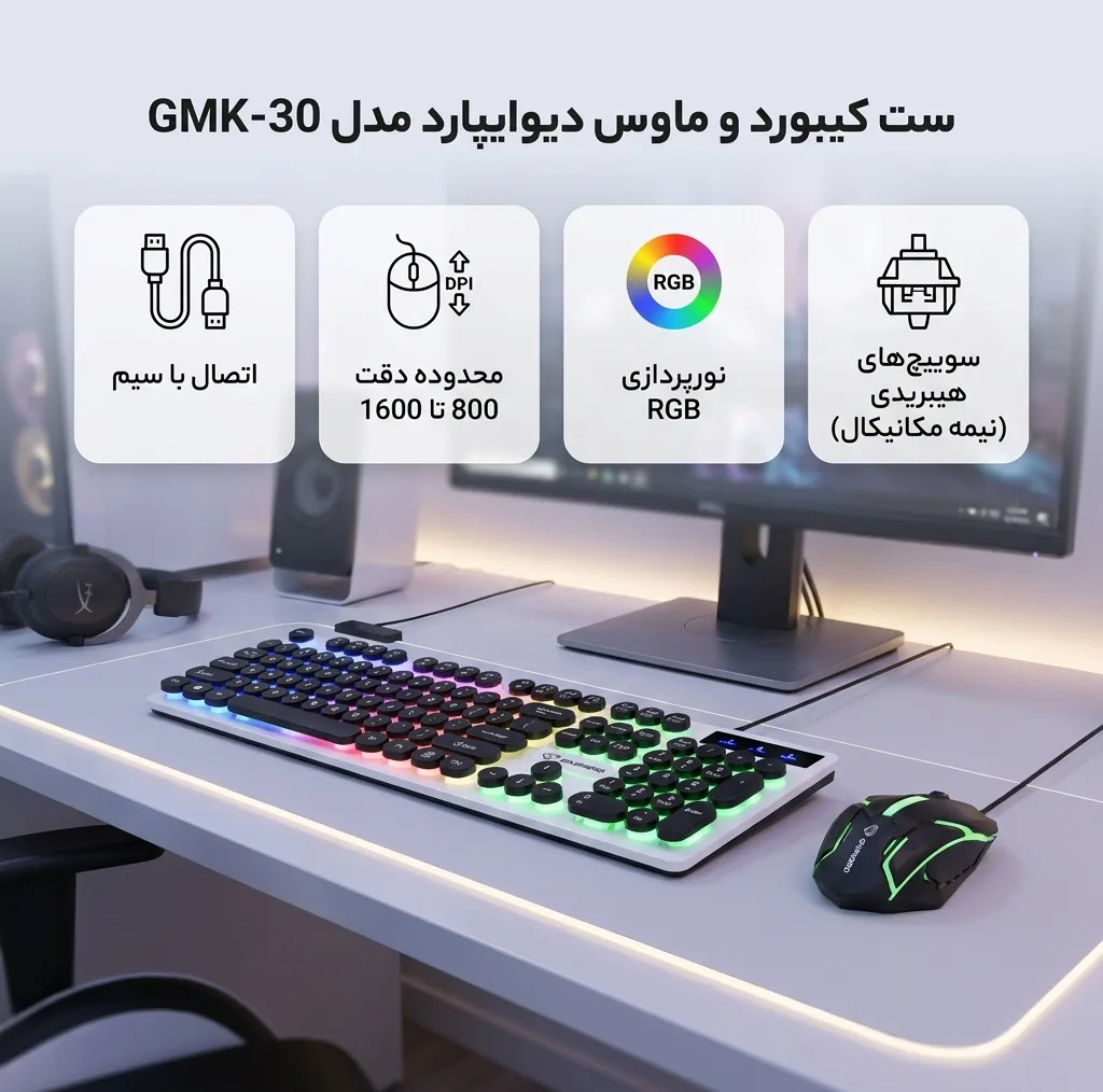 کیبورد و ماوس گیمینگ دیوایپارد مدل GMK-30
