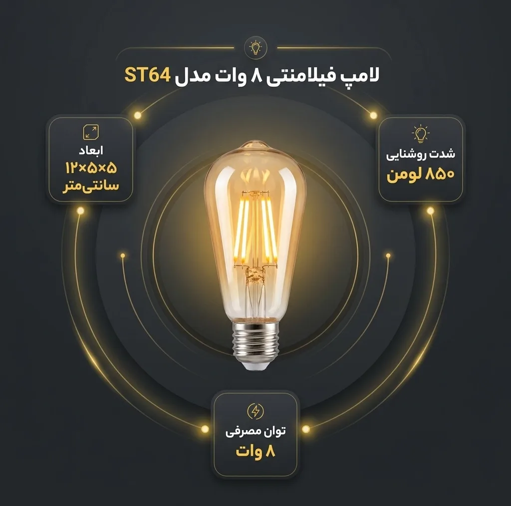 لامپ فیلامنتی 8 وات کد ST64 پایه E27