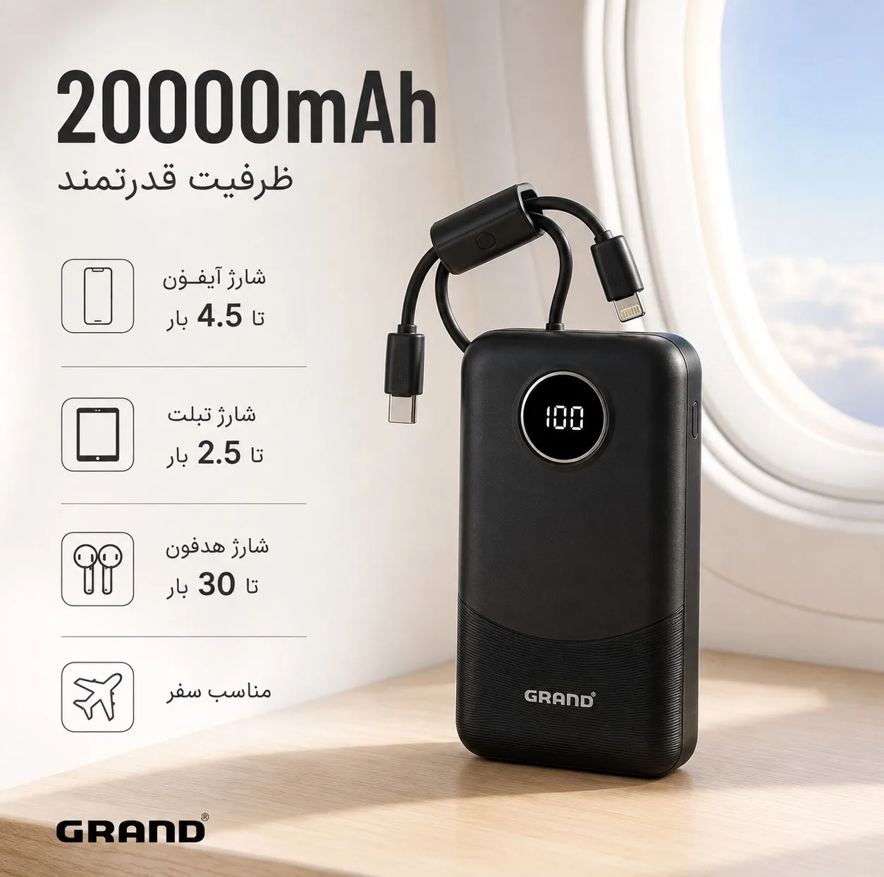 پاوربانک 22.5 وات گرند اسکای مدل GP - 216 با ظرفیت 20000 میلیآمپرساعت به همراه 2 کابل USB-C و کابل لایتنینگ
