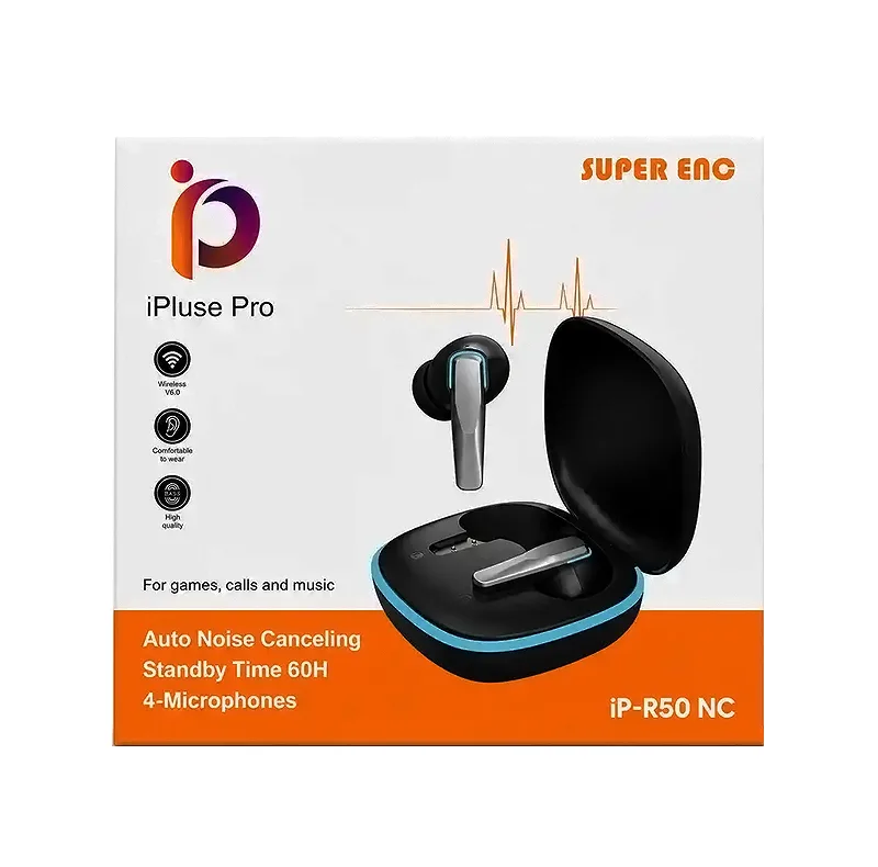 هندزفری بلوتوثی دو گوشی تو گوشی آی پلاس پرو مدل iP-R50 NC با نویز کنسلینگ میکروفون ENC، مقاوم در برابر رطوبت و عرق، دارای درگاه USB Type-C و نشانگر LED