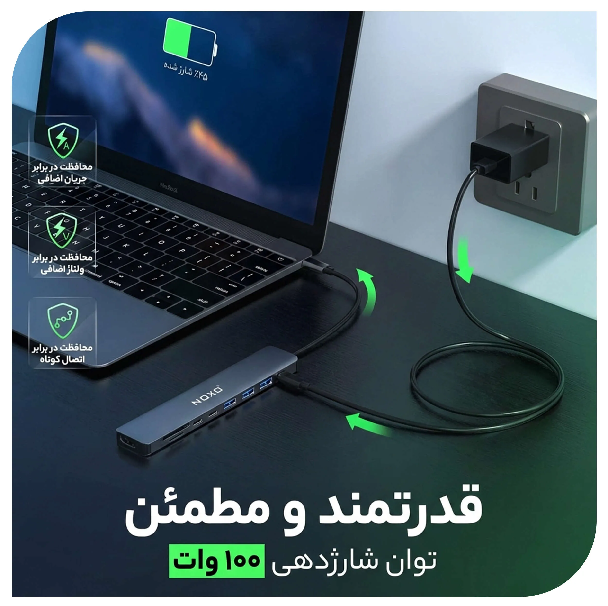 هاب 9 پورت USB-C نوکسو مدل HUB-N1 9in1 با پشتیبانی شارژ PD 100 وات، HDMI 4K، USB 3.0 و کارتخوان SD/TF