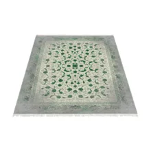 فرش ماشینی تراکم 1000 شانه زانیس زمینه سبز حاشیه طوسی مدل سنتی گل ریز