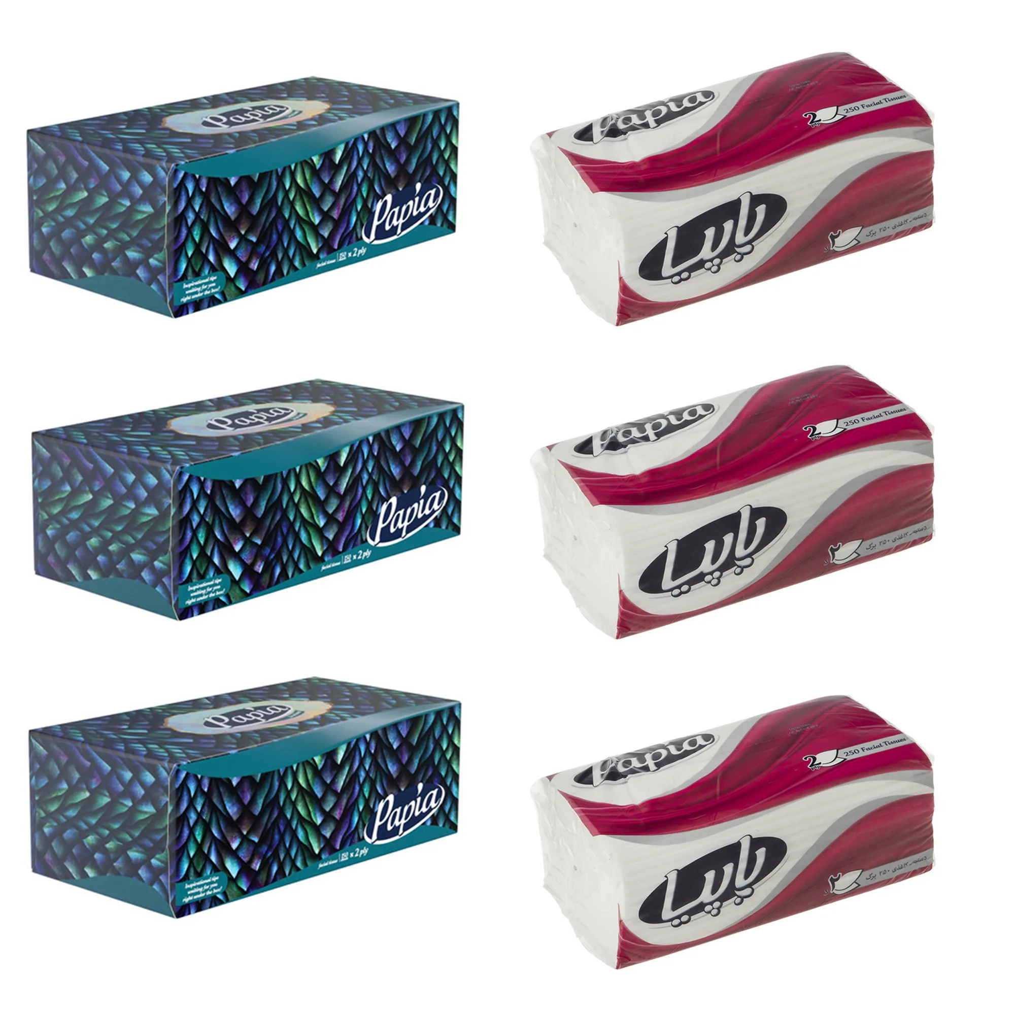 دستمال کاغذی پاپیا مدل 01 بسته 3 عددی به همراه دستمال کاغذی پاپیا مدل 02 بسته 3 عددی