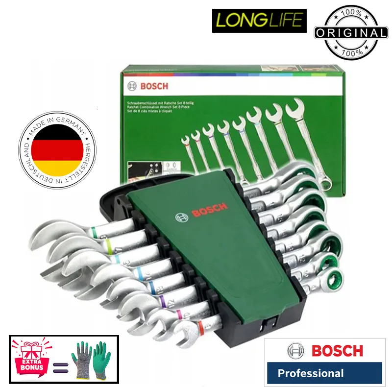 آچار یکسر تخت و یکسر رینگی جغجغه‌ای بوش مدل فوق حرفه ای کد DIN3113-2007 بسته 8 عددی