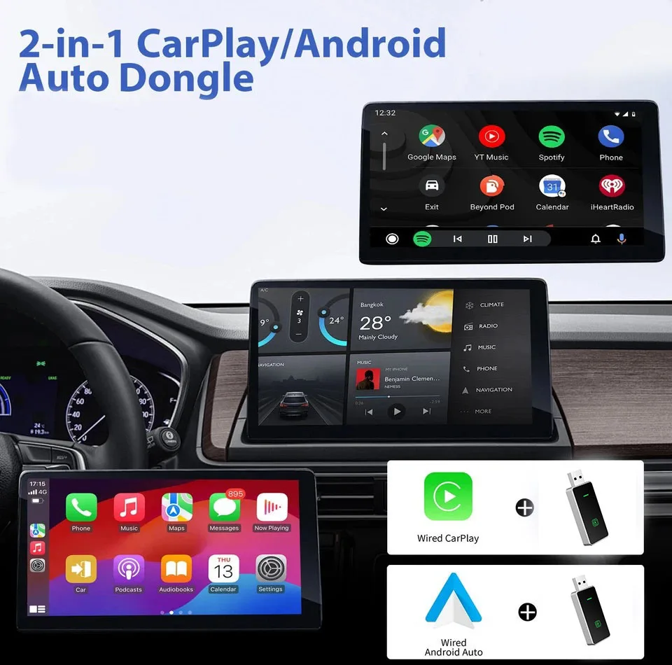 کارپلی و اندروید اتو مدل Wireless P7794 Carplay/Android Auto به همراه مبدل USB به USB-C