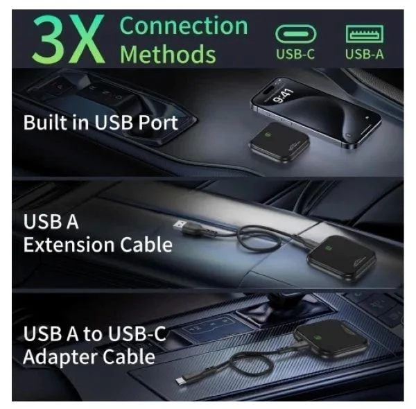 کارپلی و اندروید اتو مدل 2in1 wireless adapter به همراه کابل USB به USB-C و کابل USB-C