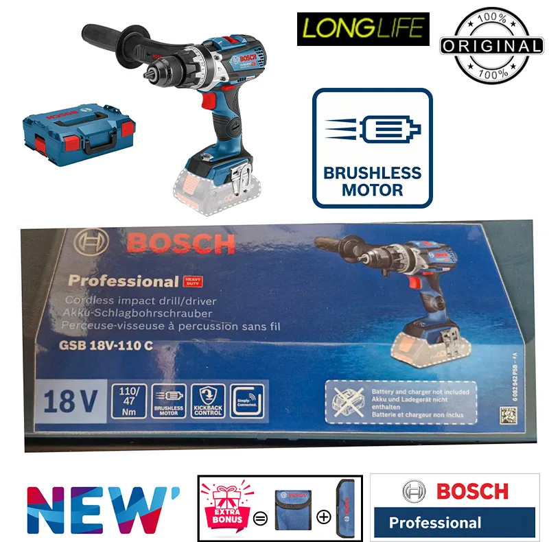 دریل پیچ گوشتی شارژی چکشی 18 ولت بوش مدل ( GSB 18V-110 C Brushless ( Without battery and charger