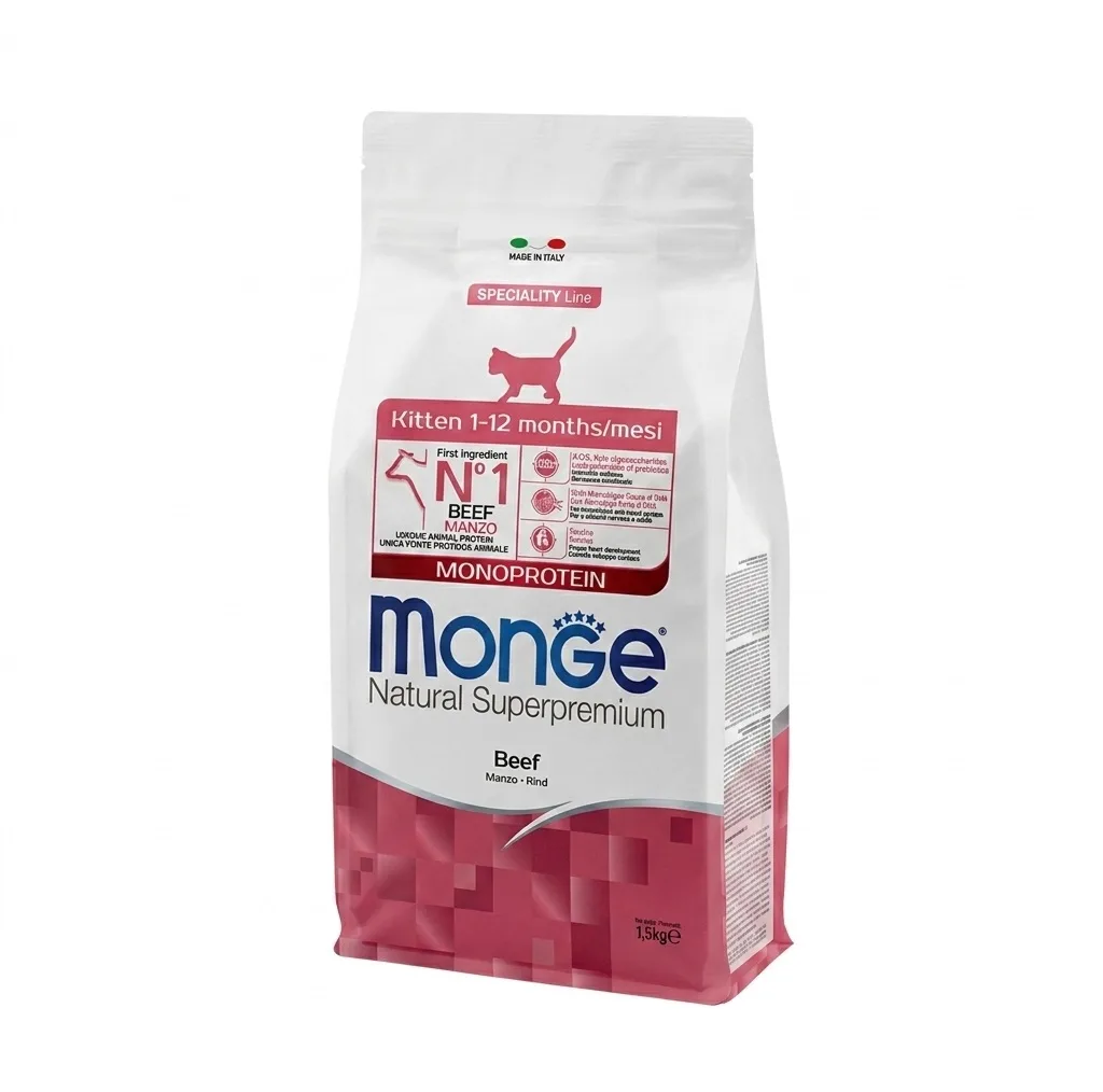 غذای خشک گربه نابالغ مونژه مدل Monge Natural Superpremium Monoprotein با طعم بیف وزن 1.5 کیلوگرم
