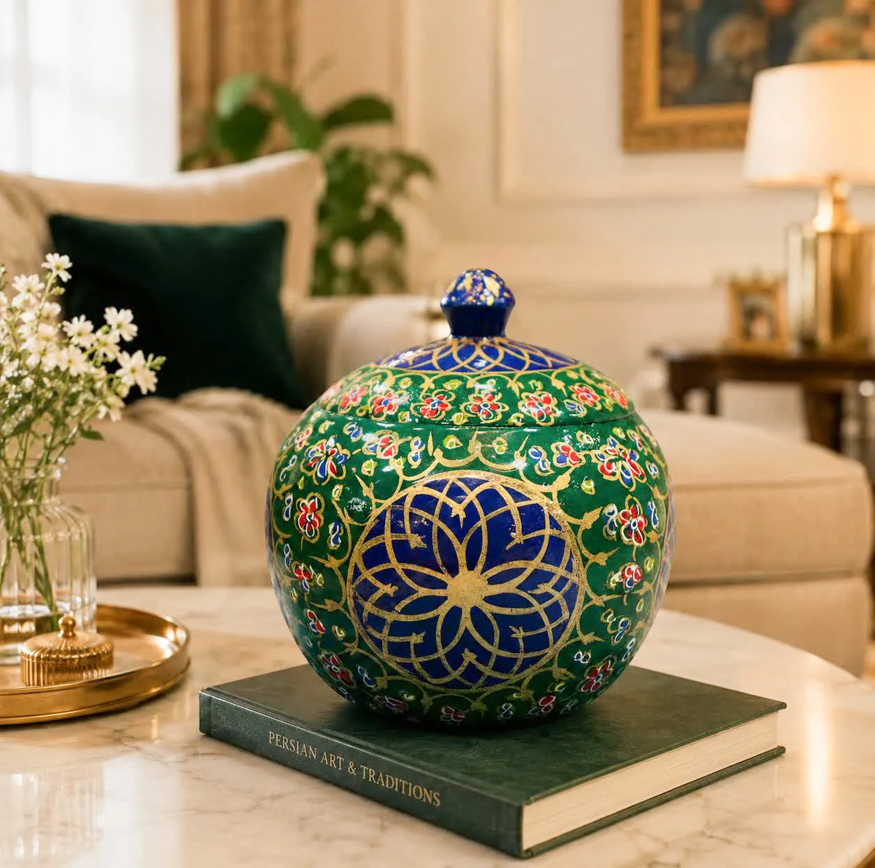 قندان چوبی صنایع دستی فاخر مدل نگارین طرح گل اسلیمی کد EGr-SugarBowl9p8