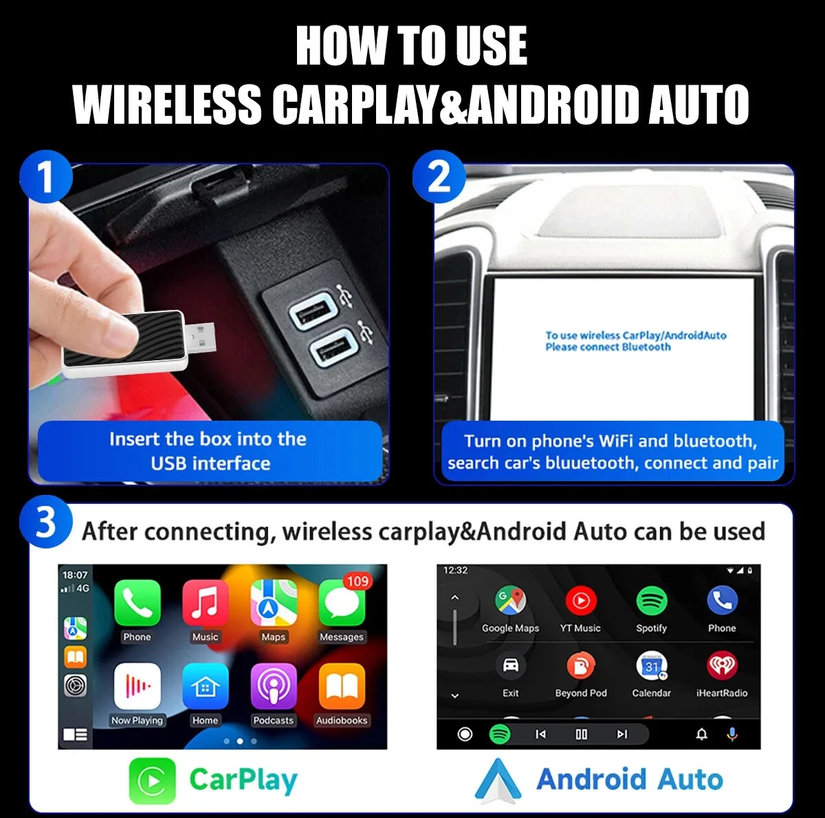کارپلی و اندروید اتو مدل Wireless P9593 Carplay/Android Auto به همراه مبدل USB به USB-C