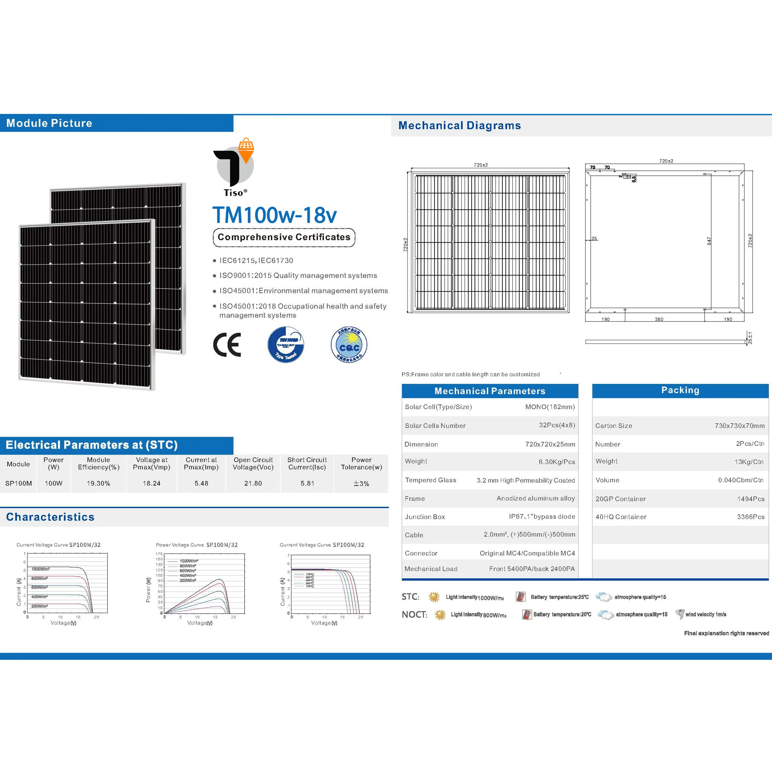 پنل خورشیدی تیسو مدل TM100W-18V ظرفیت 100 وات