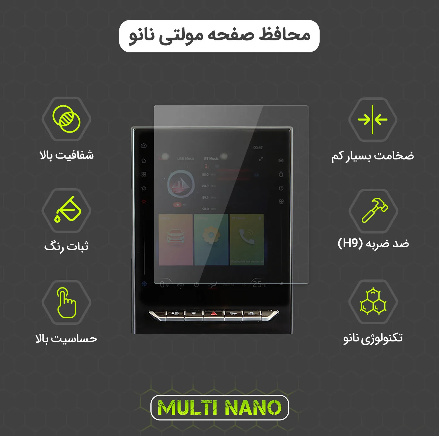 محافظ صفحه نمایش خودرو مولتی نانو مدل X-S2N مناسب برای دنا پلاس بسته دو عددی