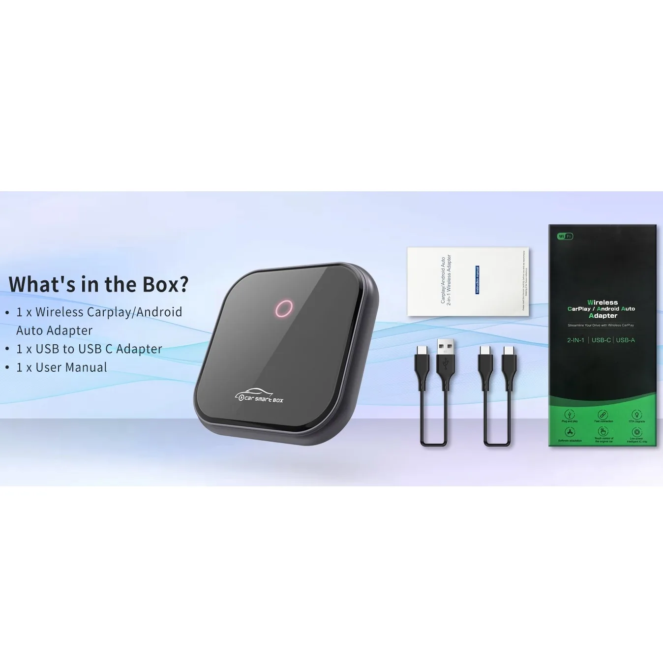 کارپلی و اندروید اتو مدل 2in1 wireless adapter به همراه کابل USB به USB-C و کابل USB-C