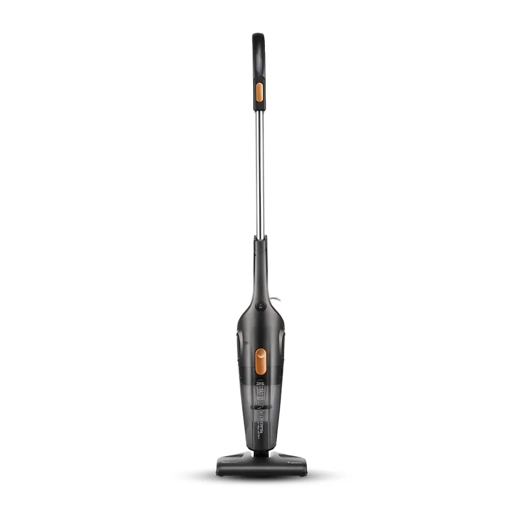 جارو شارژی عصایی درما مدل DX115C با قدرت موتور 600 وات، ظرفیت مخزن 1.2 لیتری، سیستم فیلتراسیون سیکلون و هپا، وزن 1.5 کیلوگرم و طول سیم 5 متر، مناسب برای تمیزکردن سطوح سرامیک، پارکت و سنگ