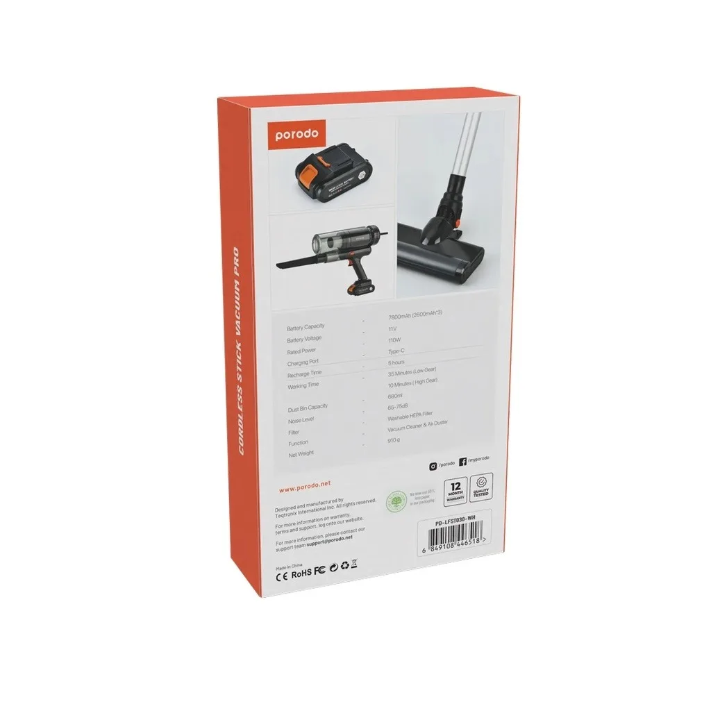 جارو شارژی عصایی پرودو مدل PD-LFST030-BK با موتور براشلس 110 وات، قدرت مکش 12000 پاسکال، ظرفیت مخزن 680 میلیلیتر، باتری 7800 میلیآمپر ساعت با زمان شارژ 5 ساعت و فیلتر HEPA قابل شستشو