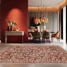 فرش ماشینی 1000 شانه زمینه زرشکی حاشیه قرمز مدل اورکوم مدل نانو چاپ بدون پرز طرح مینیمال مارال کد OR.1121.07